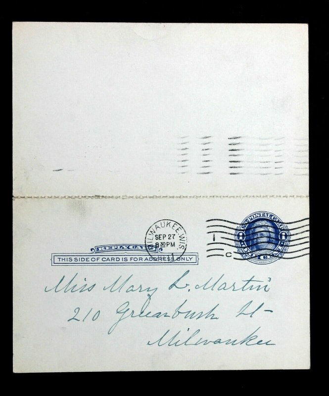 US Postal Card Sc UY5 ERROR/EFO REVERSED Preprinted Message/Reply Milwaukee 1911