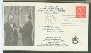 US 822 1938 17c Andrew Johnson (part of Presidential Series) on an addressed (typed) FDC with a Masonic cachet