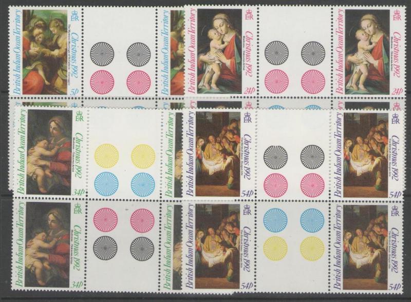 BRITISH INDIAN OCEAN TERR SG128/31 1992 CHRISTMAS GUTTER BLOCKS OF 4 MNH 