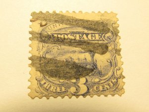 US Stamps, Scott #114, USED 3 Cent Locomotive faint Grill 1869 and APS Certific.