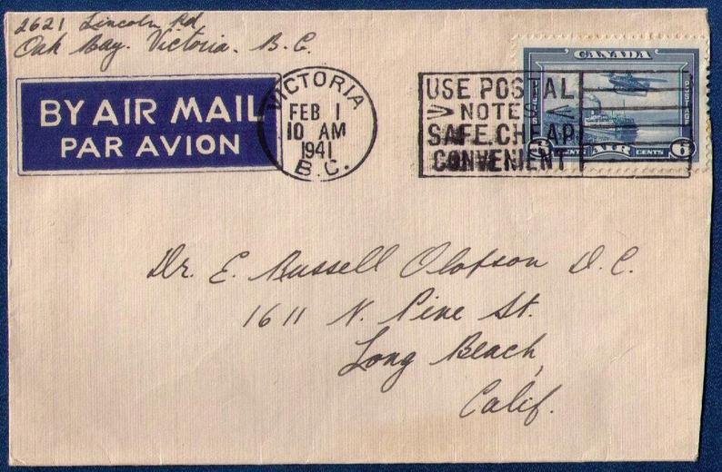 Canada 1941 Cover Victoria B.C. Via Airmail Scott C6 Nice Machine Cancellation