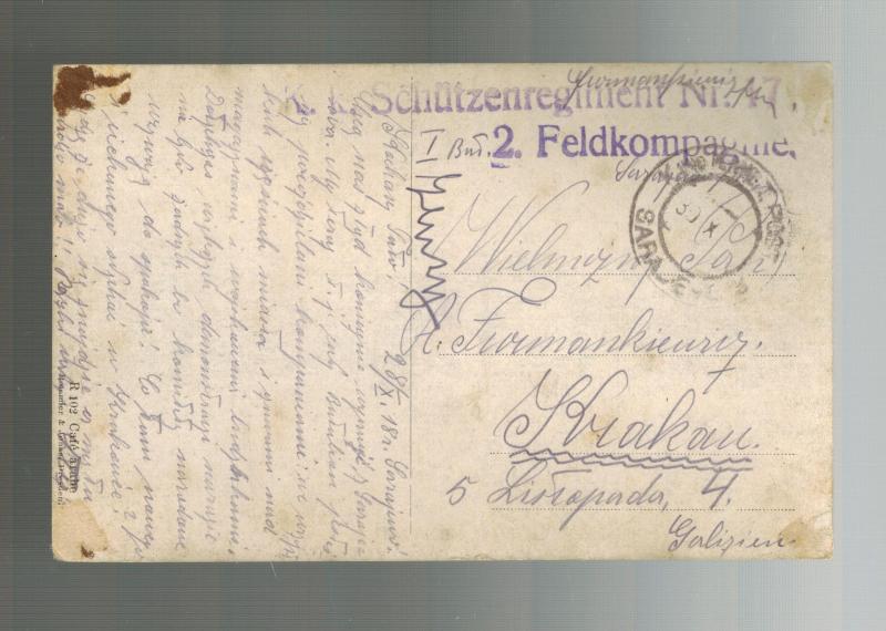 1918 Sarajevo Yugoslavia KuK Feldpost  Postcard Cover to Krakow Poland Infantry 