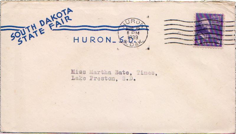 United States South Dakota Huron 1939 machine  Blue Elaborate Corner card Sou...