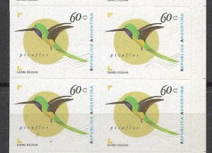 ARGENTINA BIRDS PICAFLOR 60 C SELF ADHESIVE STAMP BLOCK OF 4 UNUSED SCOTT 2004