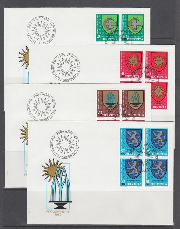 Switzerland Sc B439-B478 FDC. 1976-80 semi postals 10 cplt sets in blocks, VF