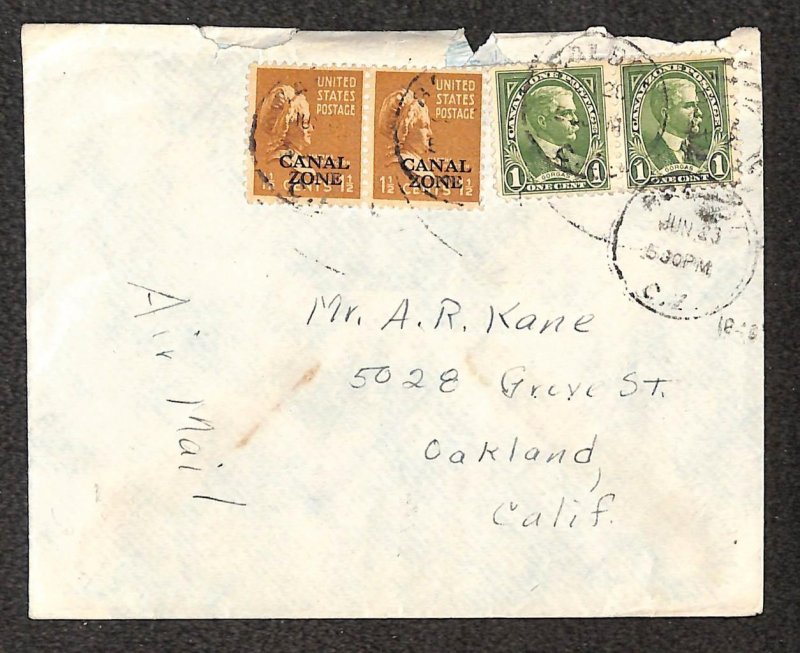 CANAL ZONE 105 (x2) & 119 (X2) PREXY STAMPS CURONDO TO CALIFORNIA COVER 1948