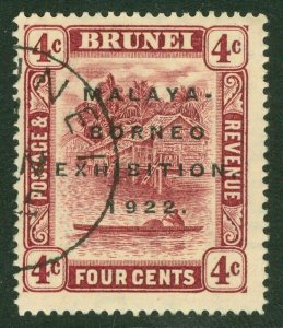 SG 54 Brunei 1922. 4c claret. Very fine used CAT £65