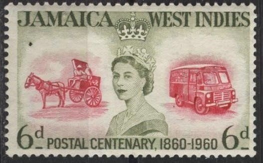 Jamaica 179 (mh) 6p postal service, cart & mail truck (1960)