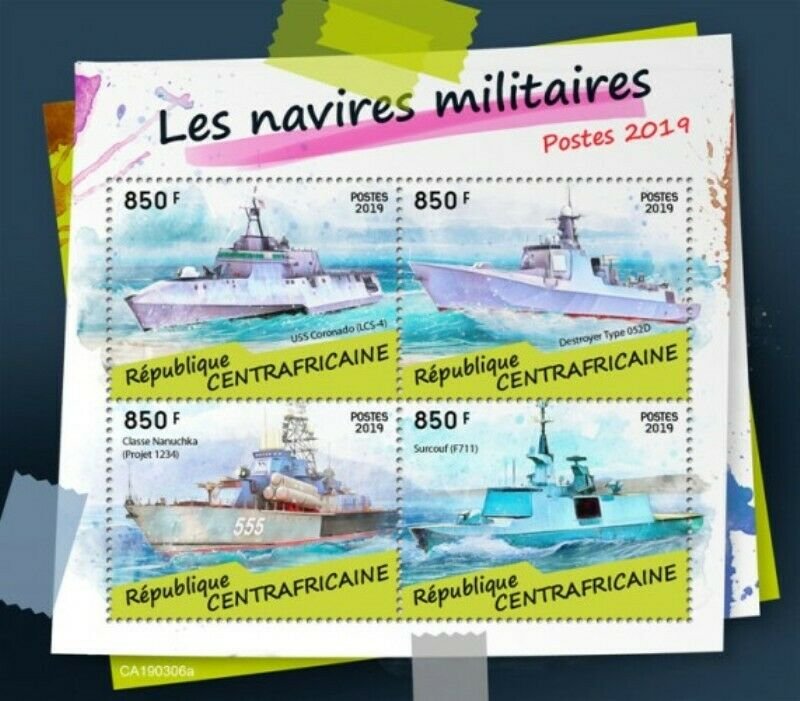 Central Africa - 2019 Military Ships on Stamps - 4 Stamp Sheet - CA190306a