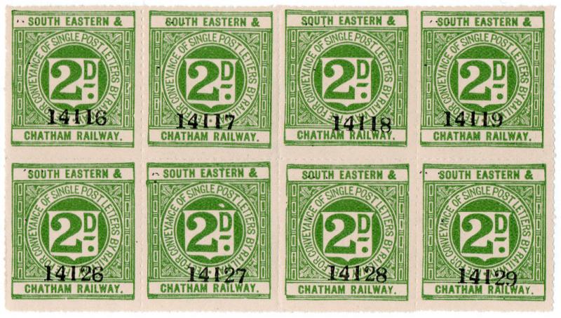 (I.B) South Eastern & Chatham Railway : Letter Stamp 2d (part sheet) 