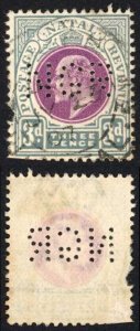 Natal SGRO5 3d  Perfin NGR (reversed) Railway Official Stamp (fault at left and