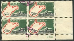 1232    5c West Virginia State, Plate Block of 4 Used