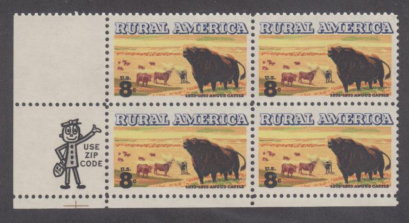 US Sc 1504 MNH. 1973 6c Cattle, LL Zip Block w/ minor shift of black litho