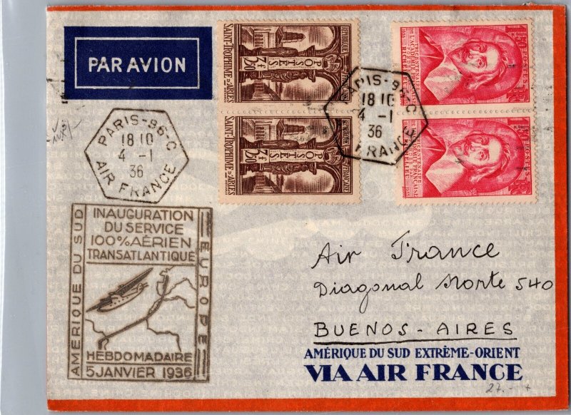 1936 Paris France First Flight Airmail Cover FFC to Buenos Aires Argentina