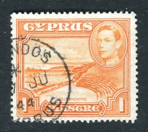 Cyprus 1938 KGVI. 1pi orange. Used. P13.5 x 12.5. SG154a.