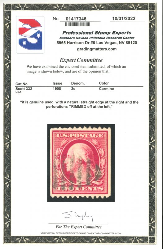 U.S. #332 USED WITH PSE CERT
