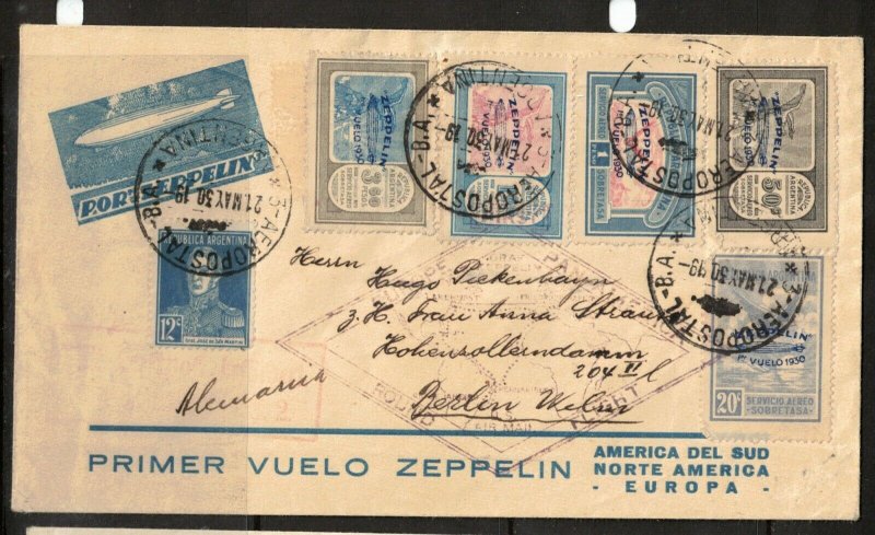 Argentina #C20 - #C24 Very Fine Used On Euro Pan Am Zeppelin Cover Round Flight