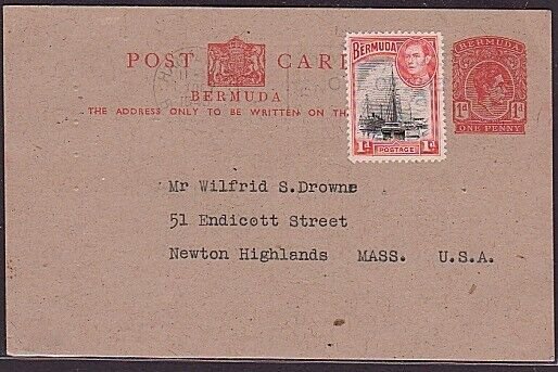 BERMUDA 1945 Uprated 1d postcard commercially used to USA..................35537