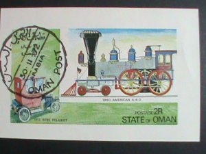 ​ OMAN STAMP-1972-LOVELY ANTIQUE CLASSIC TRAIN & CAR-CTO S/S SHEET  VERY FINE