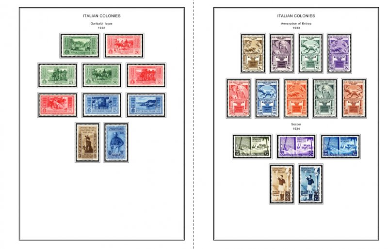 COLOR PRINTED ITALIAN COLONIES 1932-1934 STAMP ALBUM PAGES (8 illustrated pages)