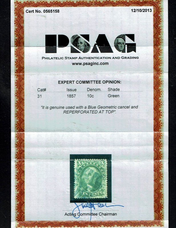 Scott #31 VF-used.  With 2013 PSAG certificate. SCV - $1.050.00. A showpiece