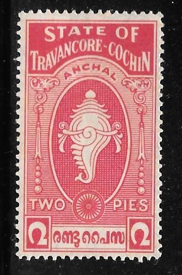 India Travancore-Cochin 16: 2p Conch Shell, MH, F-VF