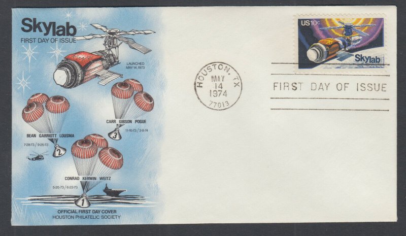 US Sc 1529 FDC. 1974 10c Skylab, Houston Philatelic Society FIRST CACHET