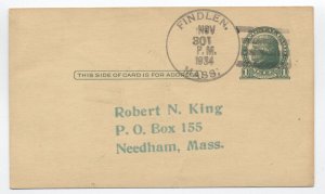 1934 Findlen MA 4-bar handstamp on postal card uncommon 1921-1935 DPO [h.4847]
