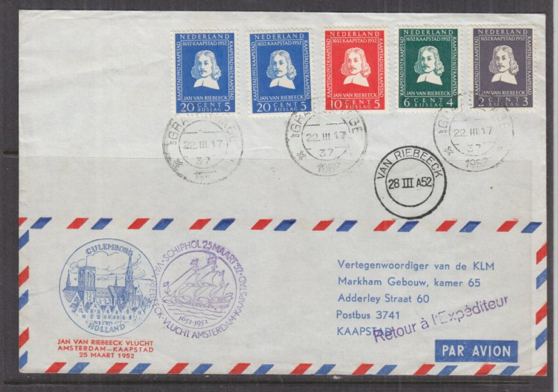 NETHERLANDS, 1952 Van Riebeeck First Flight cover to South Africa & return.