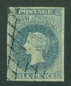 SG 10 South Australia 1856-58. 6d slate blue. Fine used. 4 fine margins CAT £200