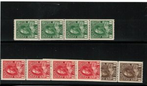 Canada #131 #132 #134 Very Fine Mint Coil Strips Of Four