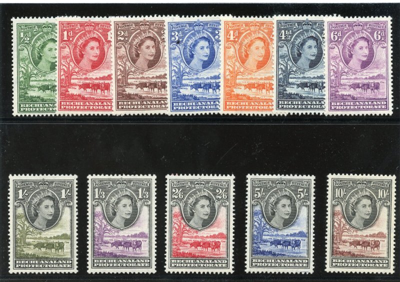 Bechuanaland 1955 QEII set complete MLH. SG 143-153. Sc 154-165.