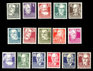 DDR #122-136 134a MNH CV$278 Kollwitz/Hauptmann/Marx/Bebel/Hegel/Virchow/Engels