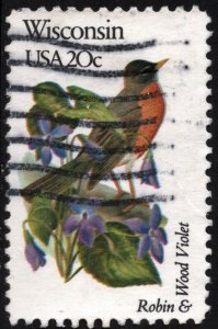 SC#2001 20¢ State Birds & Flowers: Wisconsin; Perf 10½ x 11¼ (1982) Used