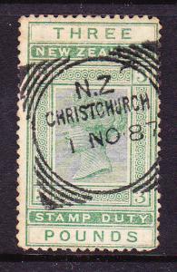 NEW ZEALAND 1882 3pound QV FISCAL POSTAL CANCEL 