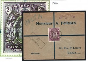 BRITISH SOMALILAND KEVII Cover 2R High Value Berbera Registered 1911 Paris 70d 