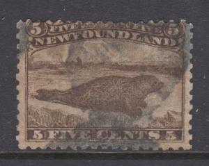 Newfoundland Sc 25 used. 1865 5c brown Harp Seal, sound