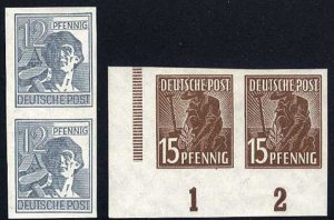 Germany #561-562var, 1947-48 12pf and 15pf imperforate pairs, lightly hinged