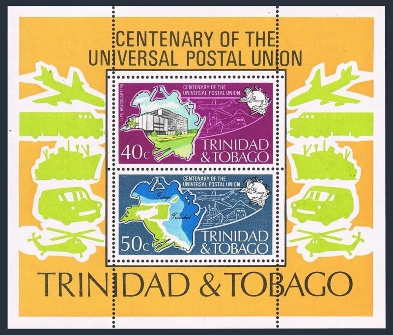 Trinidad & Tobago 243-244,244a sheet,MNH, UPU-100,1974.Map,Mail Transport:Plane,