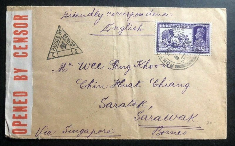 1940 Pondichery India Censored Cover To Saratok Sarawak Via Singapore