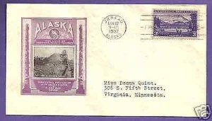 800  ALASKA 3c 1937 AT JUNEAU, IOOR FIRST DAY COVER, ADDRESSED.