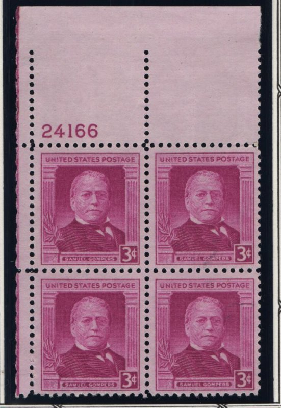 US, 988, MNH, PLATE BLOCK, 1950, SAMUEL GOMPERS