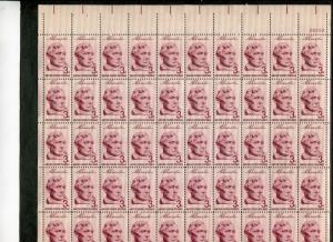 1114    Bust of Lincoln by Borglum  MNH 3 cent sheet of 50   FV 1.50   1959