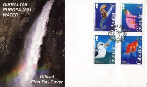 Gibraltar 2001 Sc 871-874 Water Goldfish Seahorse Gull Snapdragon FDC CV $9.25