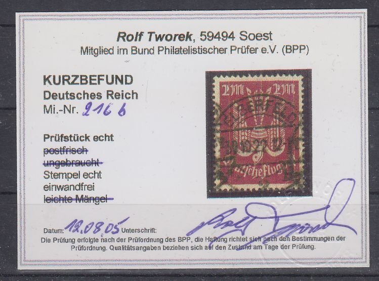 Germany 1922 Sc#C9 VAR Mi#216 b shade used expertised BPP (DR1894)