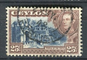 CEYLON; 1938-40s early GVI pictorial issue fine used shade of 25c. value