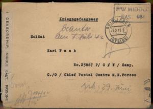 3rd Reich Germany 1942 British POW Camp Middle East Egypt Cover 87778