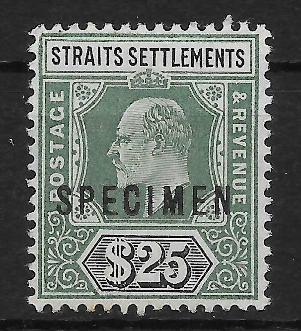 MALAYA STRAITS SETTLEMENTS SG139s 1906 $25 GREY-GREEN & BLACK SPECIMEN MTD MINT