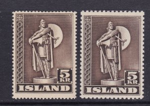 Iceland Scott 230-230a, 1945-7 5 Kr Statue both perfs,  F/VF MLH.  Scott $62