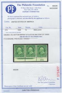  #279 Impt & PL# Strip of 3 VF OG  LH with PF Cert   (GP2)